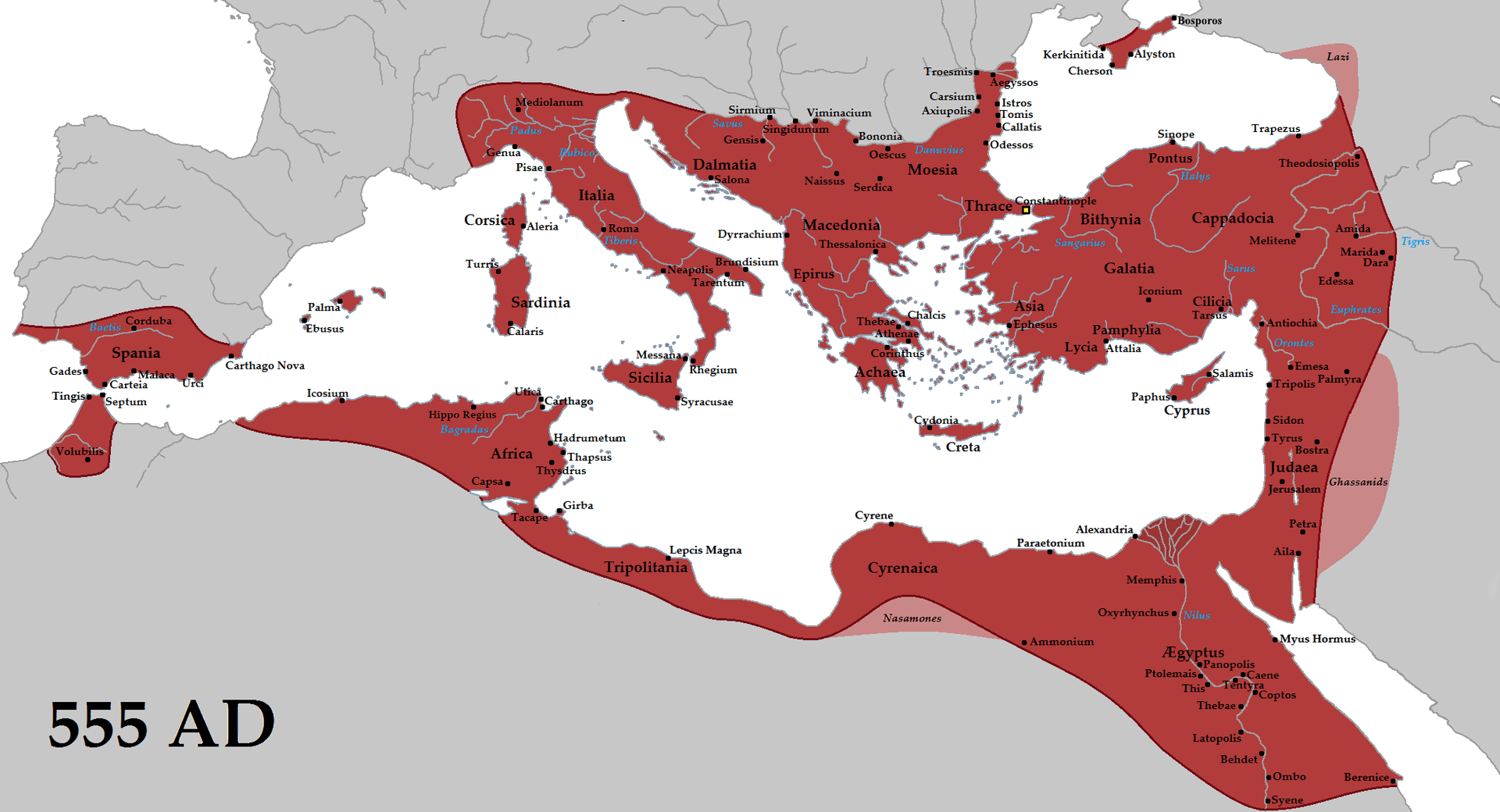 The Empire at its greatest extent under Justinian I, in 555 AD.
