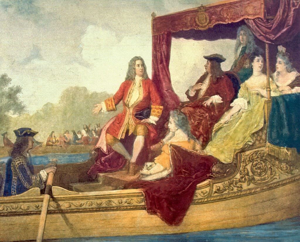 Handel (centre) and King George I on the River Thames, 17 July 1717, by Edouard Hamman (1819–88) (Source: wikipedia.org)