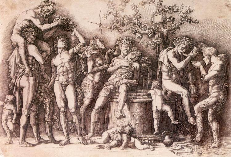 Bacchanal with a wine vat, engraving by Mantegna, c. 1475, 278 × 422 mm