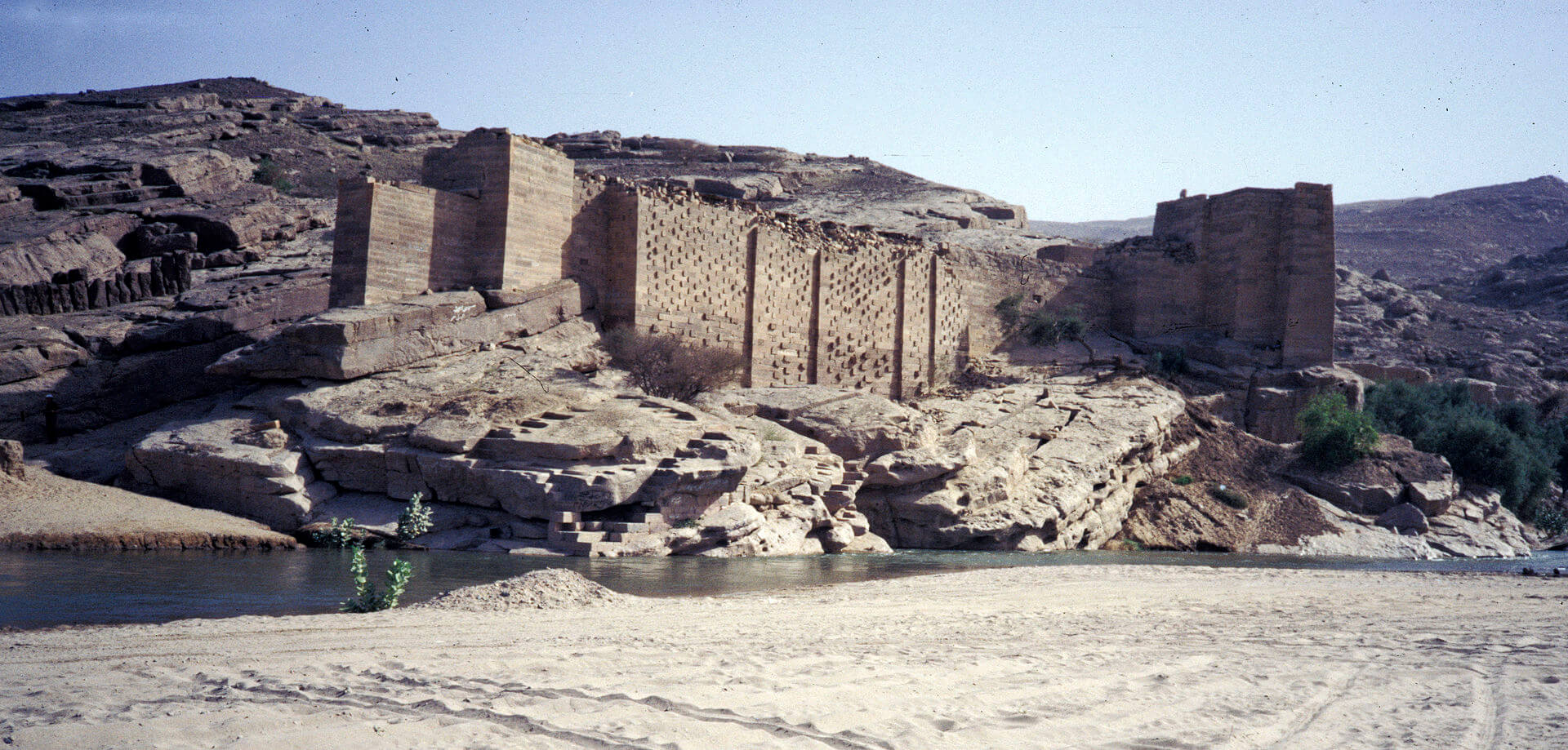 Ruins of the historical dam of the former Sabaean capital of Ma'rib, amidst the Sarawat Mountains of present-day Yemen