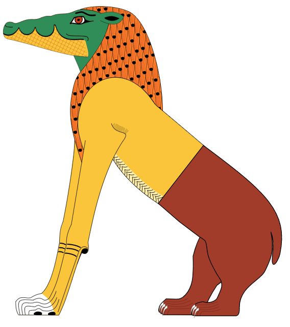 Ammit is an ancient Egyptian creature that devours the souls of prisoners in ancient Egyptian religion. Ammit is a hybrid of three wild creatures that threaten the inhabitants of the Nile: the crocodile, lion and hippo. (Source: wikipedia.org)